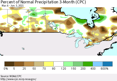 Canada Percent of Normal Precipitation 3-Month (CPC) Thematic Map For 3/6/2021 - 6/5/2021