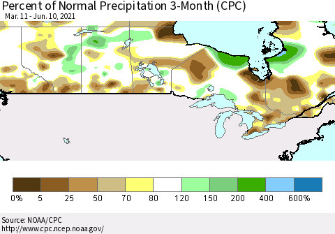 Canada Percent of Normal Precipitation 3-Month (CPC) Thematic Map For 3/11/2021 - 6/10/2021