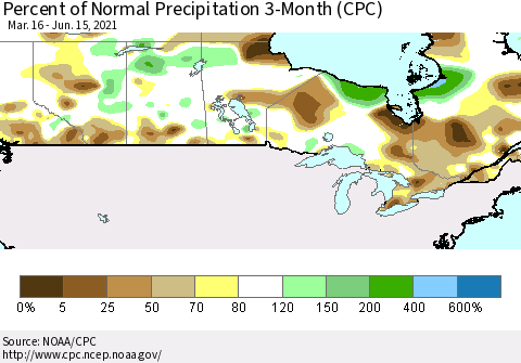 Canada Percent of Normal Precipitation 3-Month (CPC) Thematic Map For 3/16/2021 - 6/15/2021