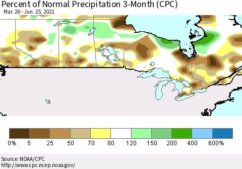 Canada Percent of Normal Precipitation 3-Month (CPC) Thematic Map For 3/26/2021 - 6/25/2021