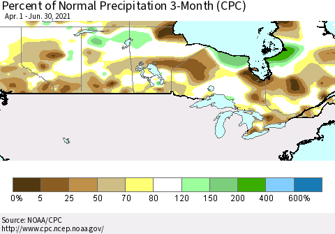 Canada Percent of Normal Precipitation 3-Month (CPC) Thematic Map For 4/1/2021 - 6/30/2021