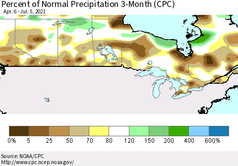 Canada Percent of Normal Precipitation 3-Month (CPC) Thematic Map For 4/6/2021 - 7/5/2021