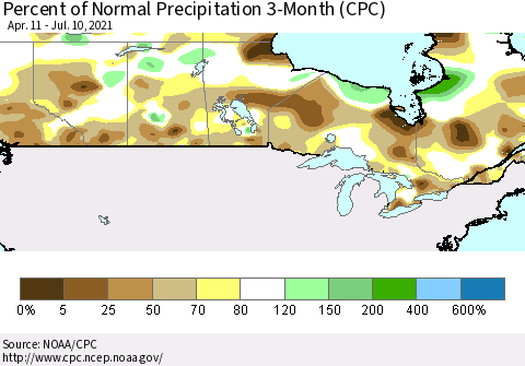 Canada Percent of Normal Precipitation 3-Month (CPC) Thematic Map For 4/11/2021 - 7/10/2021