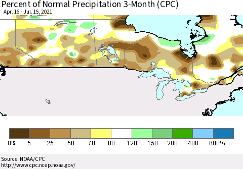 Canada Percent of Normal Precipitation 3-Month (CPC) Thematic Map For 4/16/2021 - 7/15/2021