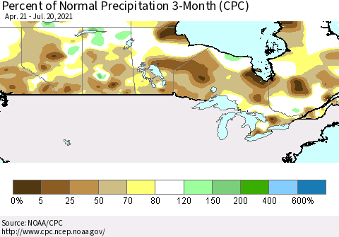 Canada Percent of Normal Precipitation 3-Month (CPC) Thematic Map For 4/21/2021 - 7/20/2021