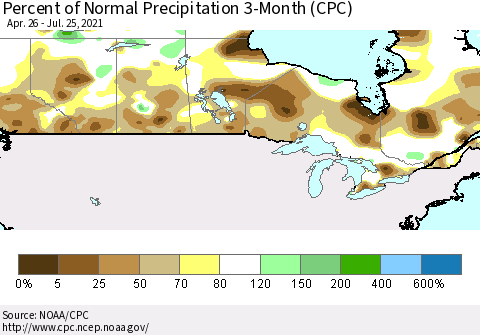 Canada Percent of Normal Precipitation 3-Month (CPC) Thematic Map For 4/26/2021 - 7/25/2021