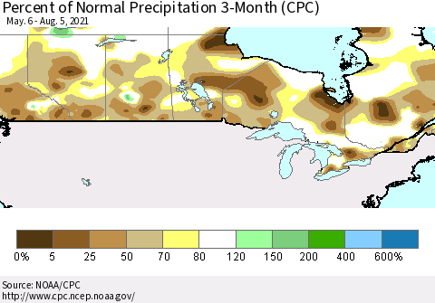 Canada Percent of Normal Precipitation 3-Month (CPC) Thematic Map For 5/6/2021 - 8/5/2021
