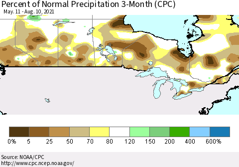 Canada Percent of Normal Precipitation 3-Month (CPC) Thematic Map For 5/11/2021 - 8/10/2021