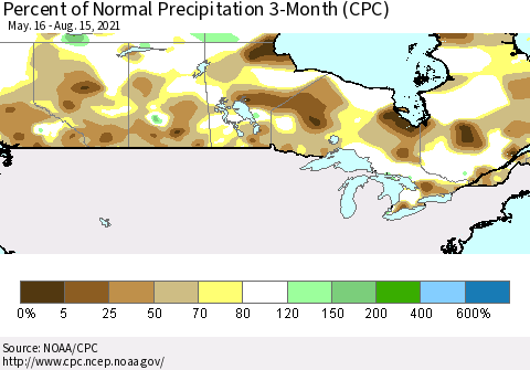 Canada Percent of Normal Precipitation 3-Month (CPC) Thematic Map For 5/16/2021 - 8/15/2021