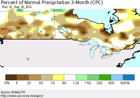 Canada Percent of Normal Precipitation 3-Month (CPC) Thematic Map For 5/21/2021 - 8/20/2021