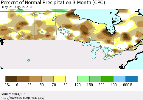 Canada Percent of Normal Precipitation 3-Month (CPC) Thematic Map For 5/26/2021 - 8/25/2021