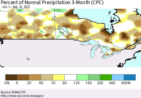 Canada Percent of Normal Precipitation 3-Month (CPC) Thematic Map For 6/1/2021 - 8/31/2021