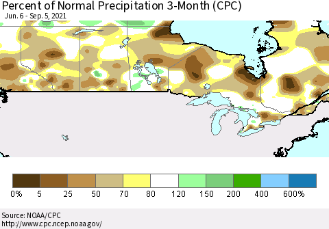 Canada Percent of Normal Precipitation 3-Month (CPC) Thematic Map For 6/6/2021 - 9/5/2021