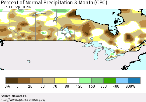 Canada Percent of Normal Precipitation 3-Month (CPC) Thematic Map For 6/11/2021 - 9/10/2021