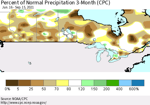 Canada Percent of Normal Precipitation 3-Month (CPC) Thematic Map For 6/16/2021 - 9/15/2021