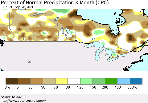 Canada Percent of Normal Precipitation 3-Month (CPC) Thematic Map For 6/21/2021 - 9/20/2021