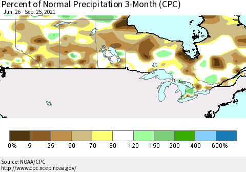 Canada Percent of Normal Precipitation 3-Month (CPC) Thematic Map For 6/26/2021 - 9/25/2021