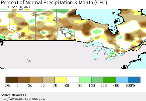 Canada Percent of Normal Precipitation 3-Month (CPC) Thematic Map For 7/1/2021 - 9/30/2021