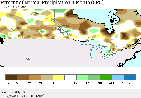 Canada Percent of Normal Precipitation 3-Month (CPC) Thematic Map For 7/6/2021 - 10/5/2021