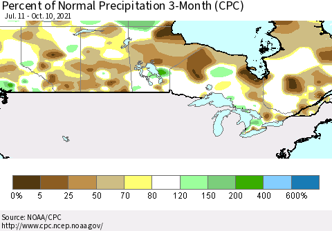 Canada Percent of Normal Precipitation 3-Month (CPC) Thematic Map For 7/11/2021 - 10/10/2021