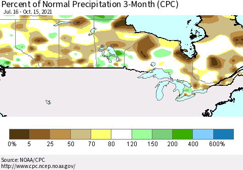 Canada Percent of Normal Precipitation 3-Month (CPC) Thematic Map For 7/16/2021 - 10/15/2021