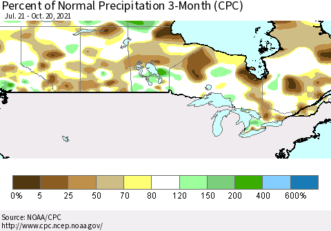 Canada Percent of Normal Precipitation 3-Month (CPC) Thematic Map For 7/21/2021 - 10/20/2021