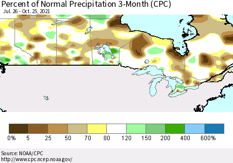 Canada Percent of Normal Precipitation 3-Month (CPC) Thematic Map For 7/26/2021 - 10/25/2021