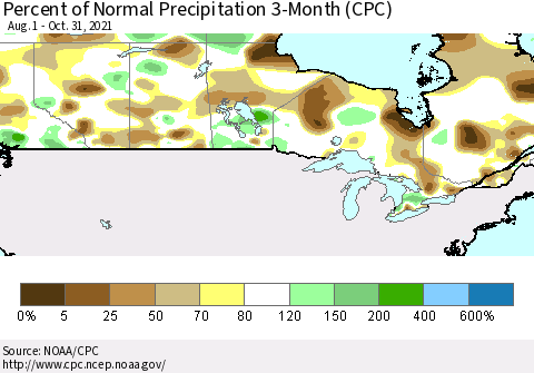 Canada Percent of Normal Precipitation 3-Month (CPC) Thematic Map For 8/1/2021 - 10/31/2021