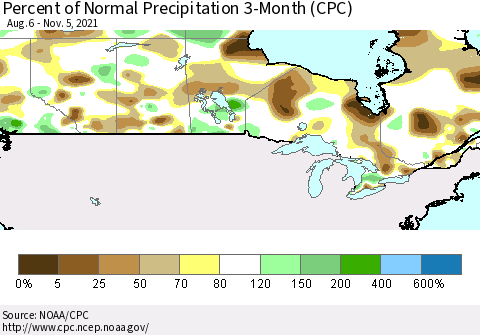 Canada Percent of Normal Precipitation 3-Month (CPC) Thematic Map For 8/6/2021 - 11/5/2021