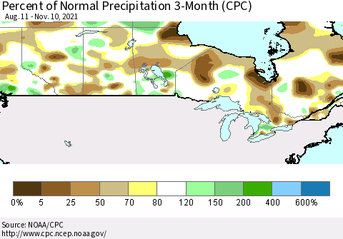 Canada Percent of Normal Precipitation 3-Month (CPC) Thematic Map For 8/11/2021 - 11/10/2021