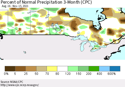 Canada Percent of Normal Precipitation 3-Month (CPC) Thematic Map For 8/16/2021 - 11/15/2021