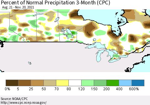 Canada Percent of Normal Precipitation 3-Month (CPC) Thematic Map For 8/21/2021 - 11/20/2021