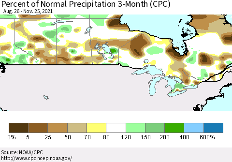 Canada Percent of Normal Precipitation 3-Month (CPC) Thematic Map For 8/26/2021 - 11/25/2021