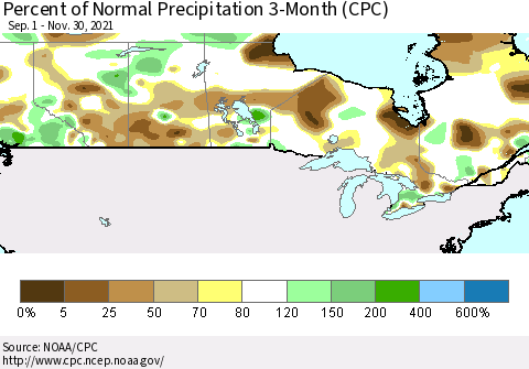 Canada Percent of Normal Precipitation 3-Month (CPC) Thematic Map For 9/1/2021 - 11/30/2021