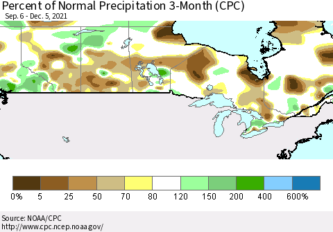 Canada Percent of Normal Precipitation 3-Month (CPC) Thematic Map For 9/6/2021 - 12/5/2021