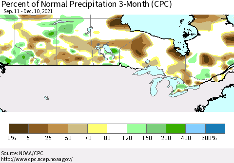Canada Percent of Normal Precipitation 3-Month (CPC) Thematic Map For 9/11/2021 - 12/10/2021