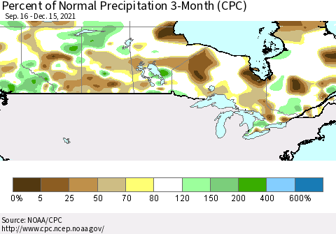 Canada Percent of Normal Precipitation 3-Month (CPC) Thematic Map For 9/16/2021 - 12/15/2021