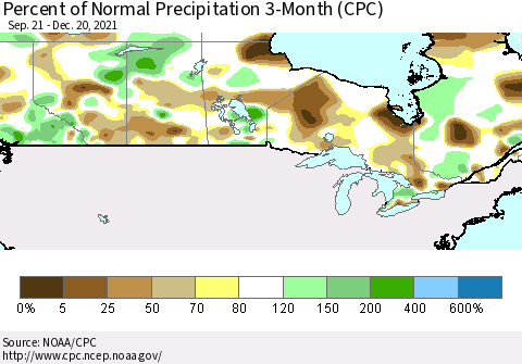 Canada Percent of Normal Precipitation 3-Month (CPC) Thematic Map For 9/21/2021 - 12/20/2021