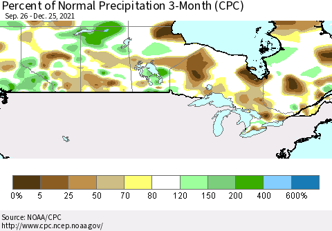 Canada Percent of Normal Precipitation 3-Month (CPC) Thematic Map For 9/26/2021 - 12/25/2021