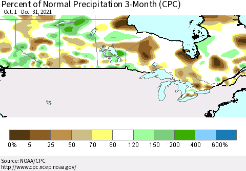 Canada Percent of Normal Precipitation 3-Month (CPC) Thematic Map For 10/1/2021 - 12/31/2021