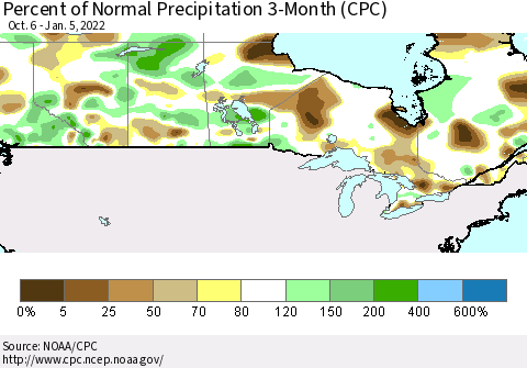 Canada Percent of Normal Precipitation 3-Month (CPC) Thematic Map For 10/6/2021 - 1/5/2022