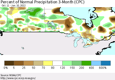 Canada Percent of Normal Precipitation 3-Month (CPC) Thematic Map For 10/11/2021 - 1/10/2022