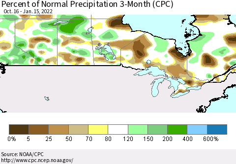 Canada Percent of Normal Precipitation 3-Month (CPC) Thematic Map For 10/16/2021 - 1/15/2022