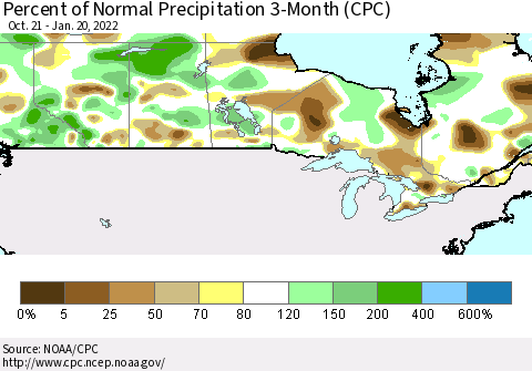 Canada Percent of Normal Precipitation 3-Month (CPC) Thematic Map For 10/21/2021 - 1/20/2022