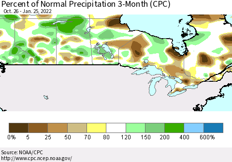 Canada Percent of Normal Precipitation 3-Month (CPC) Thematic Map For 10/26/2021 - 1/25/2022