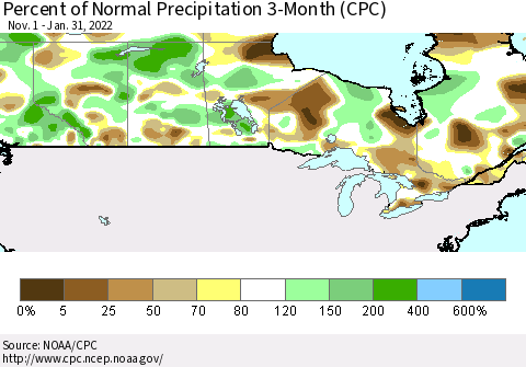Canada Percent of Normal Precipitation 3-Month (CPC) Thematic Map For 11/1/2021 - 1/31/2022
