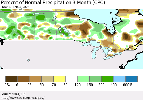 Canada Percent of Normal Precipitation 3-Month (CPC) Thematic Map For 11/6/2021 - 2/5/2022