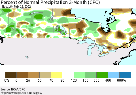 Canada Percent of Normal Precipitation 3-Month (CPC) Thematic Map For 11/16/2021 - 2/15/2022