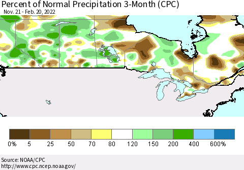Canada Percent of Normal Precipitation 3-Month (CPC) Thematic Map For 11/21/2021 - 2/20/2022