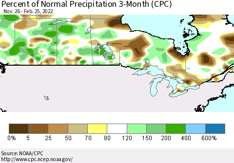 Canada Percent of Normal Precipitation 3-Month (CPC) Thematic Map For 11/26/2021 - 2/25/2022